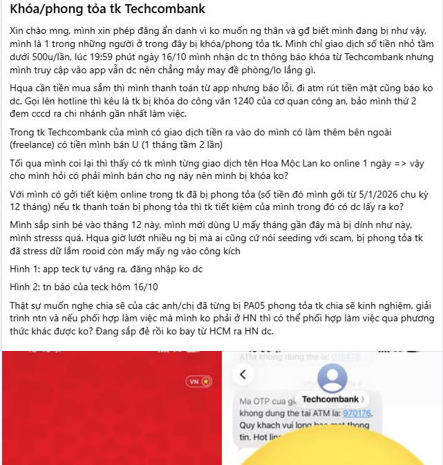 A Vietnamese-language Facebook post in which the user complains that Techcombank has frozen their account after purchasing USDT (Tether) via P2P, with screenshots of the Techcombank app error message and an OTP notification.