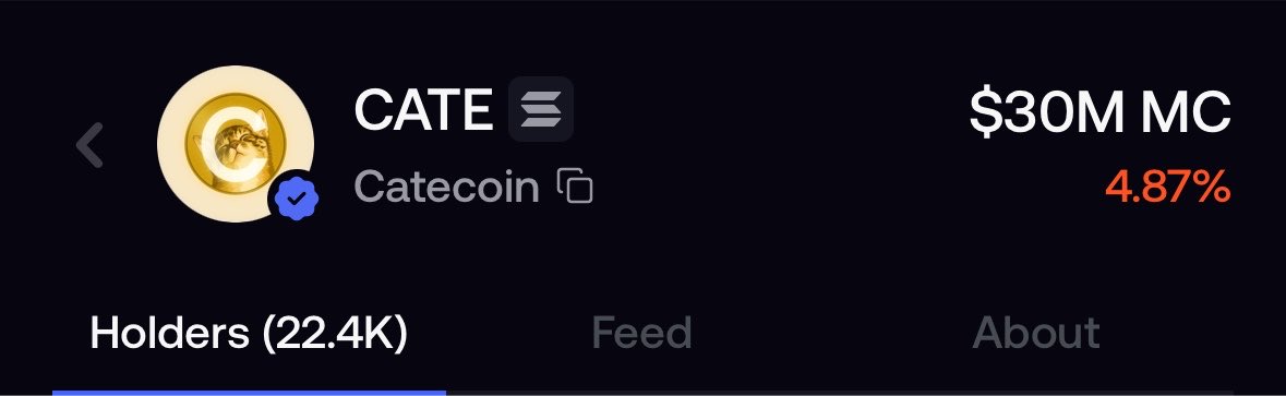 A screenshot showing the Catecoin ($CATE) token page with a $30M market cap, up 4.87%, and 22.4K holders, highlighting the early-stage growth metrics referenced in the post comparing it to $ANSEM's larger market cap and holder base.