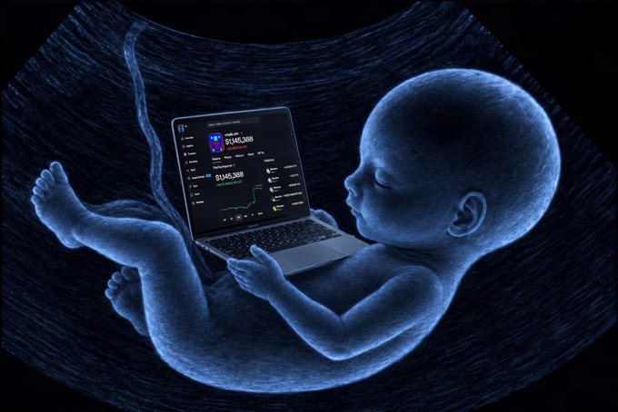 A stylized blue-tinted illustration of a fetus holding a laptop displaying a trading interface with values like '$1,145,388' against a dark background.