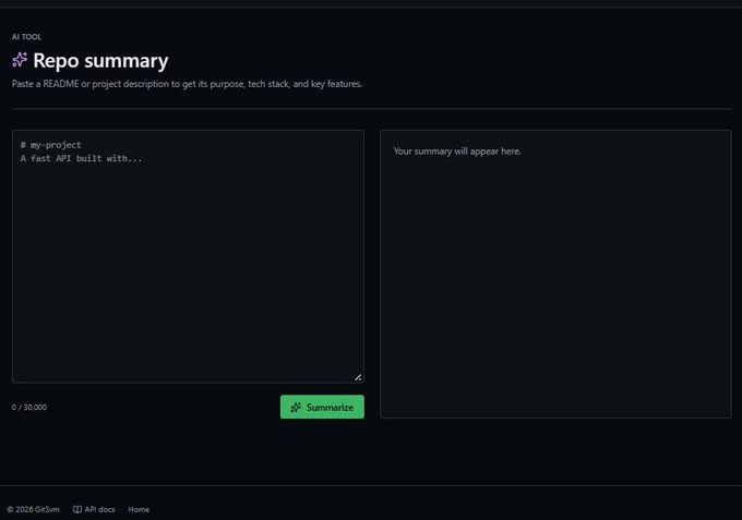 A screenshot of an AI tool called 'Repo summary' interface with a dark theme. The text input box contains 'my-project / A fast API build with...' and a green 'Summarize' button is visible.