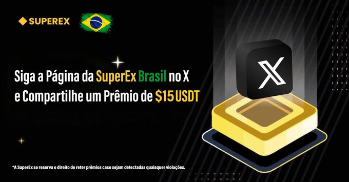 A promotional banner for SuperEx Brasil featuring the X (formerly Twitter) logo on a gold pedestal, with text in Portuguese inviting users to follow the SuperEx Brasil page and share a $15 USDT prize. The image supports the accompanying contest post by advertising the giveaway and directing participants to engage with the SuperEx Brasil X account between June 25 and 30.