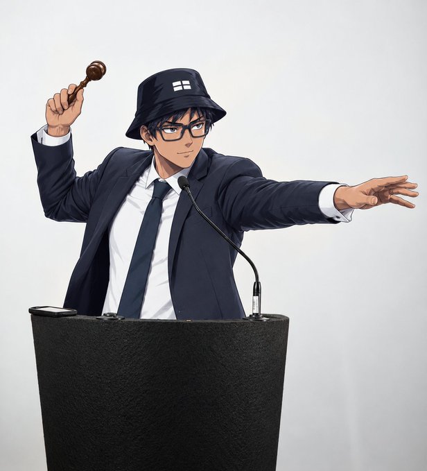 An anime-style character in a suit, glasses, and bucket hat holds a wooden gavel while standing at a podium with a microphone.
