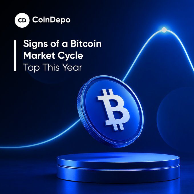 A promotional graphic for CoinDepo titled 'Signs of a Bitcoin Market Cycle Top This Year' featuring a blue Bitcoin coin above a pedestal with a glowing arc line.