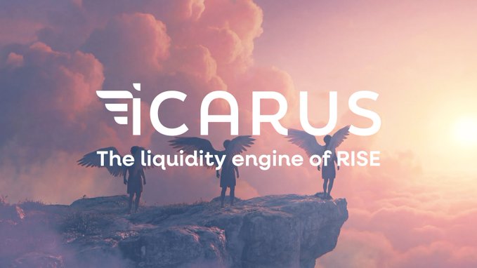 A promotional graphic featuring the 'ICARUS' logo with the tagline 'The liquidity engine of RISE' over an image of winged figures standing on a rocky cliff above clouds.