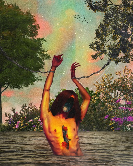 A surreal digital artwork showing a person emerging from water with chained wrists raised toward a colorful sky, with a small creature covering their face and a fish impression on their back.