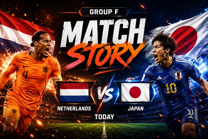 The image features two soccer players, one from Netherlands and another from Japan, both wearing their respective team's uniforms. They are standing next to each other on a field with a sports ball visible between them. The text "Group F Match Story" is displayed above the players, indicating that this is part of a group match story. The image also includes a scoreboard showing the score for Netherlands and Japan as 1-0 in favor of Netherlands.