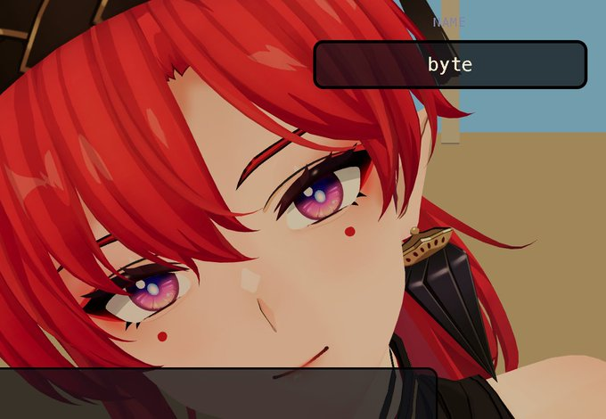 A close-up of an anime character with bright red hair and purple eyes, with a small text box labeled 'byte' displayed on the screen.
