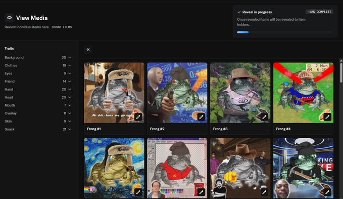 A digital interface titled 'View Media' shows a gallery of frog-themed image edits labeled 'Frong #1' through 'Frong #8', with a progress bar indicating a 'Reveal in progress' at ~13% complete.