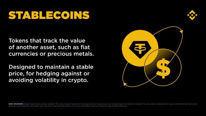 The image is an educational infographic titled "STABLECOINS" that defines them as "tokens that track the value of another asset, such as flat currencies or precious metals," designed "to maintain a stable price, for hedging against or avoiding volatility in crypto." It features a Binance logo alongside a visual of a Tether (USDT) coin connected by orbital lines to a dollar sign ($), illustrating the peg relationship. The accompanying post "Stablecoins explained" aligns with the infographic's purpose of breaking down the concept of stablecoins for educational purposes, though it contains a minor typo ("flat" instead of "fiat").