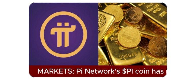 The image displays the Pi Network logo alongside a collection of gold bars and coins, with a caption reading "MARKETS: Pi Network's $PI coin has" that aligns with the post discussing Pi Network's $PI token price recovery of +12% over the past month despite remaining nearly 76% down overall.