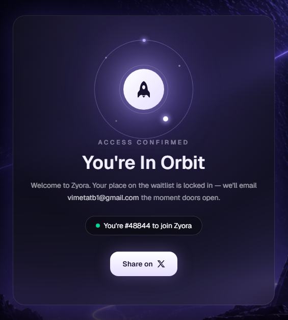 A dark-themed confirmation screen with a rocket symbol showing 'ACCESS CONFIRMED - You're In Orbit' for Zyora, welcoming the user with the email vimetatb1@gmail.com and indicating they are #48844 to join the waitlist.