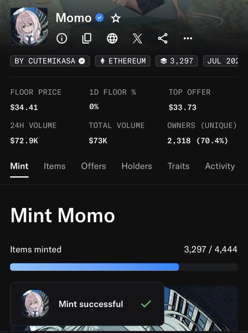 An NFT collection page for 'Momo' by CUTEMIKASA on Ethereum, showing 3,297 items minted out of 4,444, with a 'Mint successful' confirmation and a floor price of $34.41.