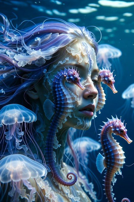 Surreal blue underwater portrait of a woman with seahorse-like creatures emerging around her face and hair, surrounded by jellyfish.
