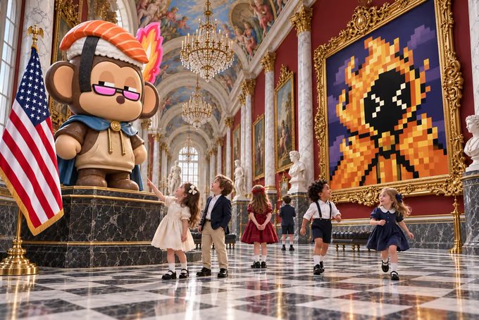 Children in formal attire look up at a monkey statue wearing sunglasses and a feathered hat holding an American flag, displayed inside an ornate palace gallery next to a pixelated portrait.