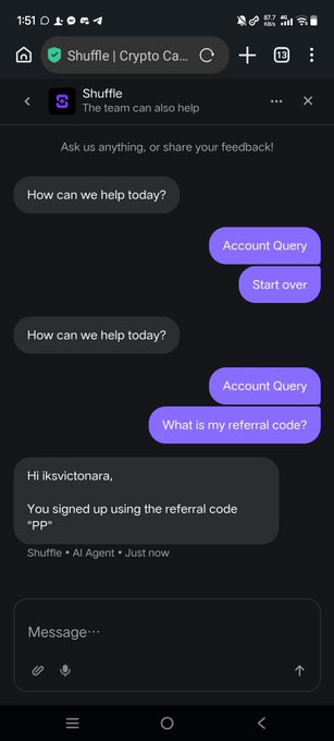 A screenshot of a mobile browser showing a chat with Shuffle's AI support, where the user asks for their referral code and the bot responds with a partially censored code starting with 'PP'.