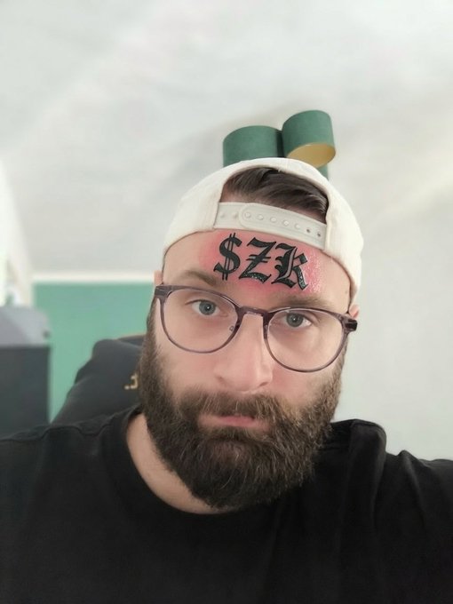 The image features a man with glasses, a beard, and a hat that reads "S$ZK" positioned above his head. There is also an image of another person's face displayed underneath him. The caption below the image says, "day 686 of posting selfie until $ZK hits 24% (current price 0.010)". This could be interpreted as the man taking a picture of himself in front of his hat or a similar item with money printed on it and sharing the photo online.