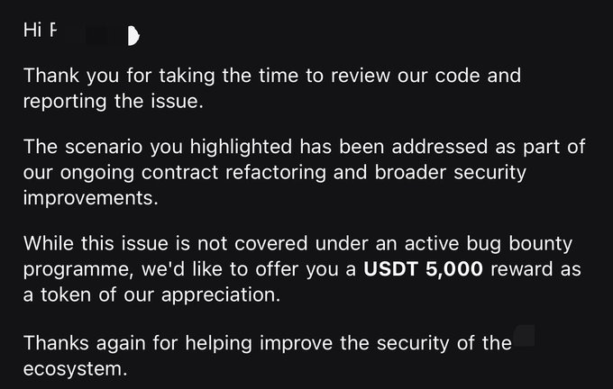 A message thanking a security researcher for reporting an issue, noting the scenario has been addressed in ongoing security improvements, and offering a USDT 5,000 reward as appreciation despite it not being covered under an active bug bounty program.