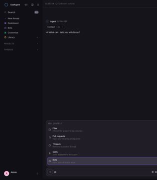 A dark-themed chat interface named 'Umbreon' shows an 'Agent' with GPT-4o, displaying an empty conversation about helping with requests, alongside a sidebar with options like 'New thread', 'Dashboard', 'Billing', and 'Customize'.