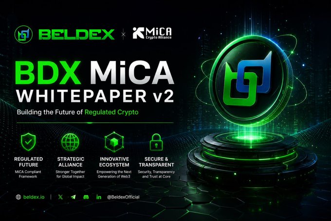 A promotional graphic for the 'BDX MiCA WHITEPAPER v2' by BELDEX and MiCA, highlighting regulated future, strategic alliance, innovative ecosystem, and secure & transparent features.