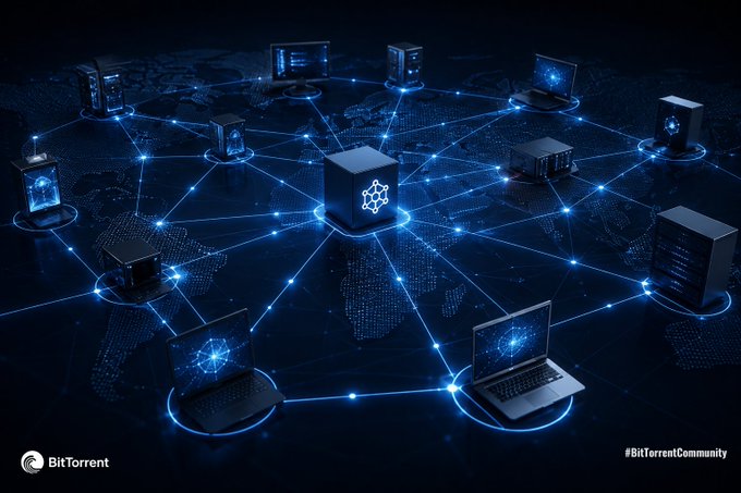 A digital illustration shows a network of interconnected devices (laptops, servers, mobile phones) linked by glowing blue lines over a world map, with logos reading 'BitTorrent' and '#BitTorrentCommunity'.