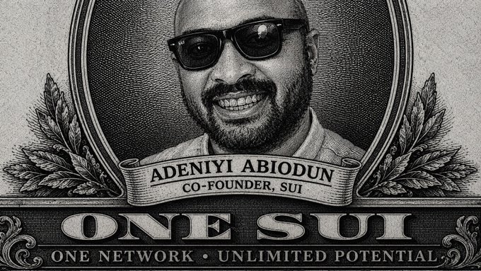A stylized currency-note design featuring a portrait of a smiling man wearing sunglasses, labeled 'ADENIYI ABIODUN CO-FOUNDER, SUI' with the text 'ONE SUI • ONE NETWORK • UNLIMITED POTENTIAL' displayed below.