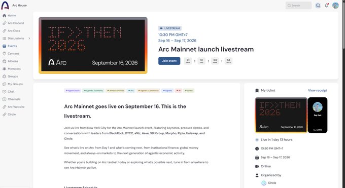 An Arc House event page for the "Arc Mainnet launch livestream" (TF>X THEN 2026, September 16, 2026, 10:30 PM GMT-7) with description text and ticket details in a side panel.