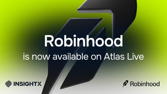 A promotional graphic with a black abstract logo on a green background, featuring the text 'Robinhood is now available on Atlas Live' and logos for INSIGHTX and Robinhood.