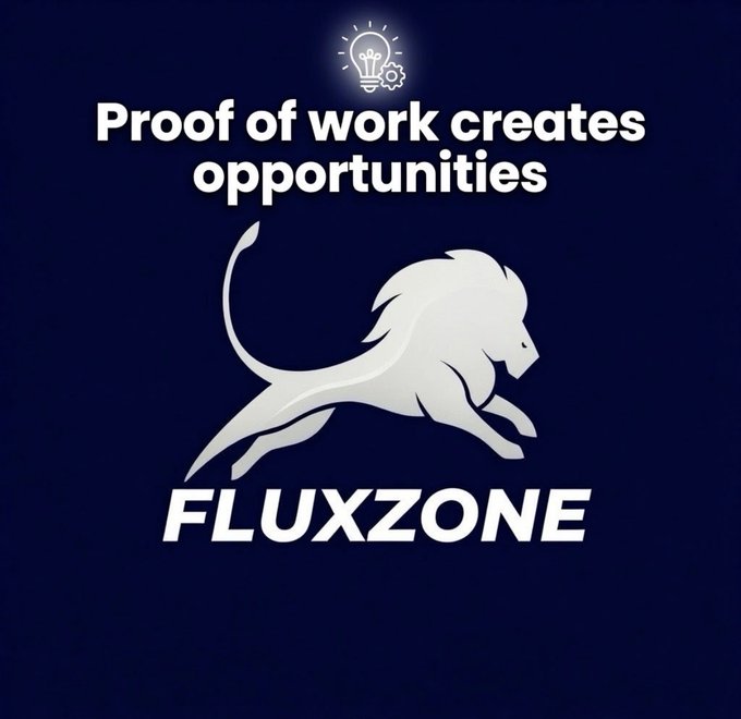 A promotional graphic for Fluxzone featuring a leaping lion logo and a lightbulb icon, with the tagline "Proof of work creates opportunities" — reinforcing the message that hands-on learning (like the Web3 Bootcamp Cohort 3) generates real career opportunities rather than just intentions.