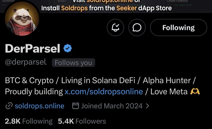 Twitter profile for @derparsel (DerParsel), a verified crypto account focused on BTC, Solana DeFi, and promoting soldrops.online, with 2.8K following and 5.4K followers.