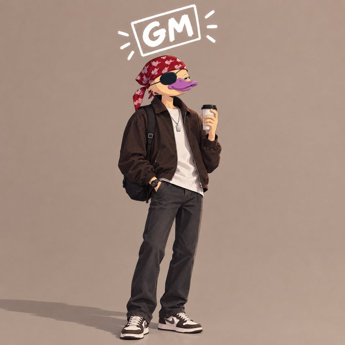 An illustrated character wearing a red bandana, sunglasses, and a duck-bill mask holds a coffee cup while dressed in a brown jacket, white shirt, and dark pants, with a 'GM' speech bubble above their head.
