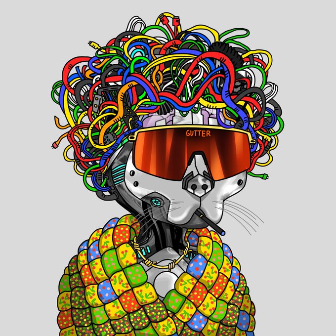 A digital illustration of a robotic cat-like figure with a mechanical jaw, wearing orange-tinted goggles labeled 'GUTTER' and a colorful patch-patterned hoodie, with a wild mass of tangled multicolored wires on its head.