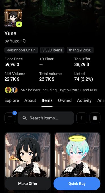 An NFT marketplace listing for 'Yuna by YuzoHQ' on Robinhood Chain, showing floor price 59.96 $, top offer 38.29 $, 24H volume 22.7K $, 567 holders, and anime-style character items available for Make Offer or Quick Buy.