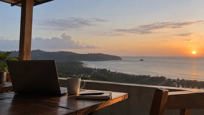 A scenic view from a covered outdoor terrace shows a wooden table with a laptop, a coffee mug, and a notebook overlooking a beach at sunset.
