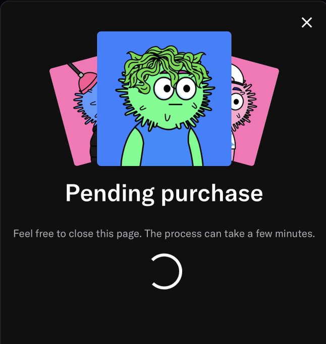 A mobile app screen displays a 'Pending purchase' message with a loading spinner, featuring cartoon illustrations of green, fuzzy-haired characters on colorful cards.