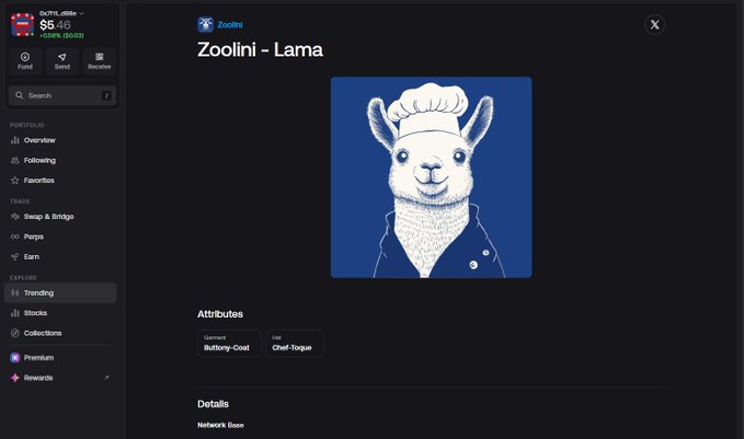 A screenshot of the Zoolini NFT platform displaying the 'Lama' collection, showing a blue artwork of a llama wearing a chef's hat with attributes 'Buttony-Coat' and 'Chef-Toque'.