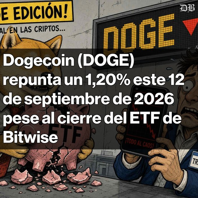 A cartoon-style crypto news graphic shows the Dogecoin mascot alongside a worried trader holding a phone displaying a falling chart. Spanish text reads: 'Dogecoin (DOGE) repunta un 1,20% este 12 de septiembre de 2026 pese al cierre del ETF de Bitwise.'