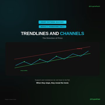 The image is an educational slide titled "TRENDLINES AND CHANNELS: The Direction of Price," part of a "CHART PATTERNS MASTERY COURSE: MODULE 1: FOUNDATIONS | DAY 3," featuring a line chart with a green uptrend line connecting rising lows (labeled "rising reaction") and a red dashed resistance line above (labeled "supply line"), illustrating how sloped support and resistance levels reveal market trends.