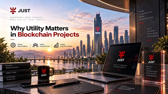 A promotional graphic for 'JUST' cryptocurrency with the text 'Why Utility Matters in Blockchain Projects,' 'Decentralized Finance, Real Utility Real Impact,' and 'Utility Drives Opportunity,' showing a laptop, mug, and cityscape backdrop with a 'TRON' building.