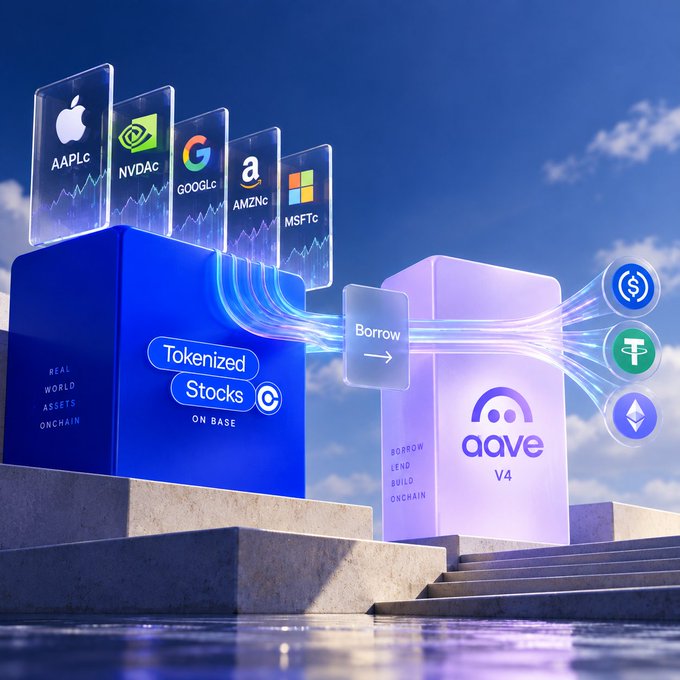 A digital 3D illustration showing tokenized stocks (AAPL, NVDA, GOOGL, AMZN, MSFT) flowing from a 'Tokenized Stocks on Base' block, through a 'Borrow' gate into Aave V4, then disbursing into USDC, USDT, and ETH cryptocurrencies.