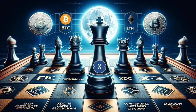The image features a chessboard with various chess pieces positioned around it. The main focus of the image is a black chess piece, which appears to be a king or queen, standing out against the blue background. Surrounding this central figure are other chess pieces such as knights and pawns, each with their own unique characteristics.

The backdrop for these chess pieces is a blue color, creating an interesting contrast between the dark chess pieces and the lighter background. The image also includes several coins scattered around the scene, adding to its visual appeal. In addition, there are logos of Bitcoin and Etherium displayed in the image, indicating that this could be related to cryptocurrency or blockchain technology.