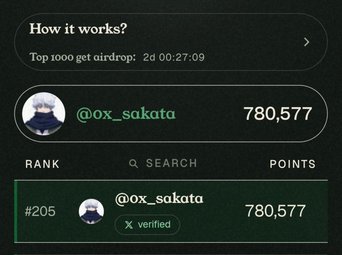Leaderboard screen showing user @ox_sakata ranked #205 verified with 780,577 points, with 'Top 1000 get airdrop: 2d 00:27:09' timer displayed.