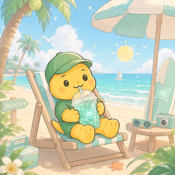 The image features a cartoon turtle sitting in an open beach chair with a drink in its hand. The scene includes palm trees, a blue umbrella, and various objects such as a surfboard and a camera. The image also contains text that reads "most people still treat quantum risk as a future problem. that's why @quipnetwork caught my attention." This suggests that the turtle might be an artist or creator of the artwork who is using the beach scene to convey their message about the importance of addressing current issues, such as quantum computing and its potential impact on our lives.