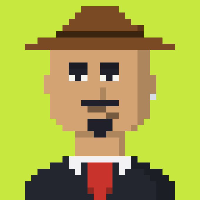 A pixel art portrait of a man wearing a brown fedora, dark suit, and red tie against a green background, evoking a vintage spy or detective aesthetic that fits the cryptic "FREEMINT INCOMING" teaser teasing an upcoming NFT drop on Robinhood Chain.