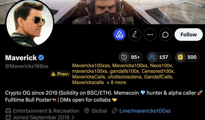 A social media profile for 'Maverick' (@Mavericks100xs) with a verified blue checkmark, displaying a profile picture of Tom Cruise as Maverick from Top Gun. The bio reads: 'Crypto OG since 2019 (Solidity on BSC/ETH). Memecoin 💎 hunter & alpha caller 🚀 Fulltime Bull Poster 📣 | DMs open for collabs 🤝'.