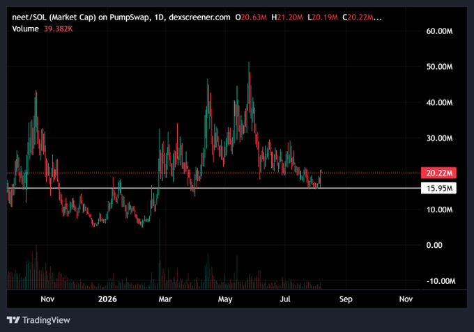 A TradingView candlestick chart from dexscreener.com shows the $NEET/SOL market cap on PumpSwap with the current price at 20.63M, having tested support near the 15.95M level—highlighting a potential last entry before an anticipated leg up. Volume bars at the bottom indicate increasing activity, aligning with the poster's claim of "money slowly flowing in."