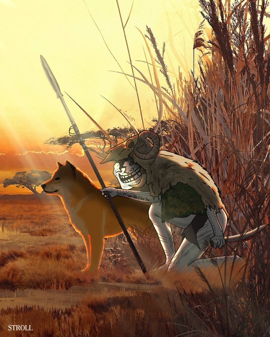 A Trollcoin mascot with a horned helmet and spear emerges from tall savanna grass alongside a dog at sunset, illustrating the "Do you still $TROLL?" post. The image is signed "STROLL" in the bottom left corner.