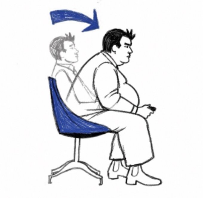 A line drawing showing a man in the same sitting posture drawn twice, with a blue arrow indicating a forward slouching motion.