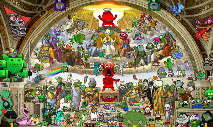 A playful parody of Michelangelo's "The Last Judgment" reimagined with frog Pepe characters and NFT collectibles surrounding a central screaming figure in heaven and hell, with no visible text or tickers beyond the fun meme characters. The chaotic, artistic scene reflects the post's creative process of naming and building a fun, personality-rich universe around the TrustUs NFT collection.