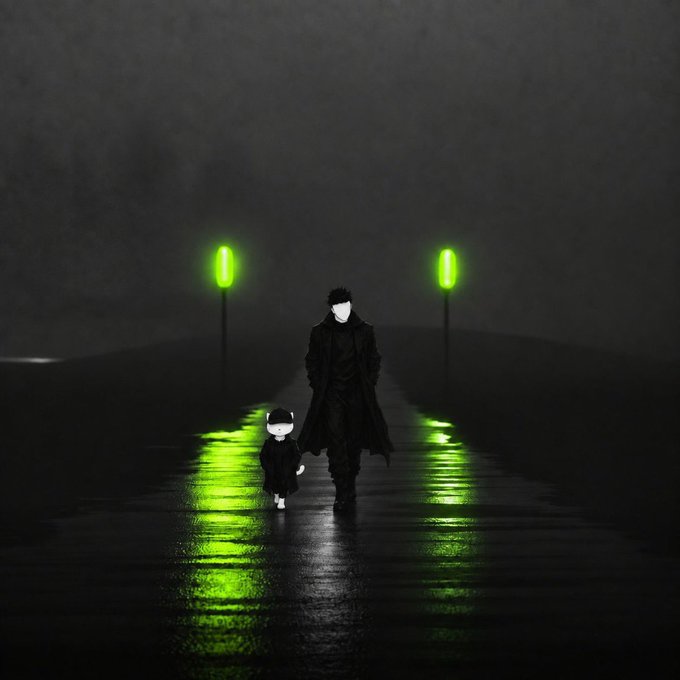 A lone figure in a dark coat walks down a misty, rain-slicked road alongside a small black cat, illuminated by two eerie green streetlights that cast vivid reflections on the wet pavement. The haunting, cinematic atmosphere visually echoes the post's confident declaration of wielding "aura" toward bullish momentum, with the mysterious figure and glowing green light symbolizing a powerful, almost supernatural presence steering toward vast gains.