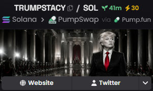 A crypto token listing for 'TRUMPSTACY' on Solana via PumpSwap/Pump.fun, showing a price of 0.7908, 4im community count, and 30 spark points, featuring an image of Donald Trump.